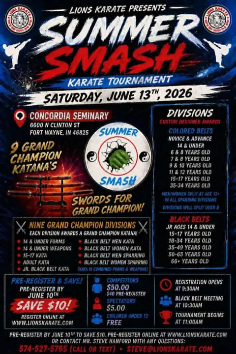 Lions Karate Summer Smash Karate Tournament flyer