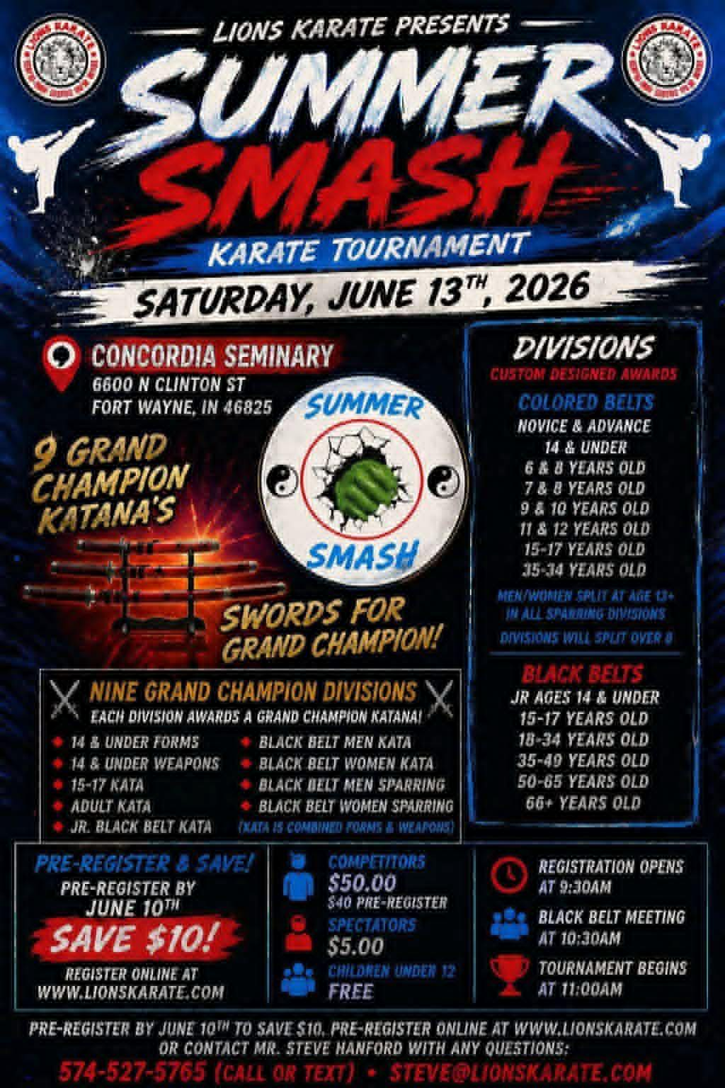 Lions Karate Summer Smash Karate Tournament flyer